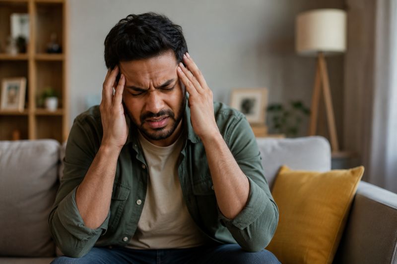 Distressed man sitting on couch and holding head in pain
